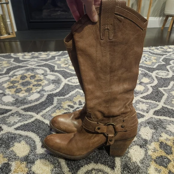 Frye Vintage Brown Heeled Harness Boots Size 8.5 Leather Cowgirl Western - Picture 4 of 10